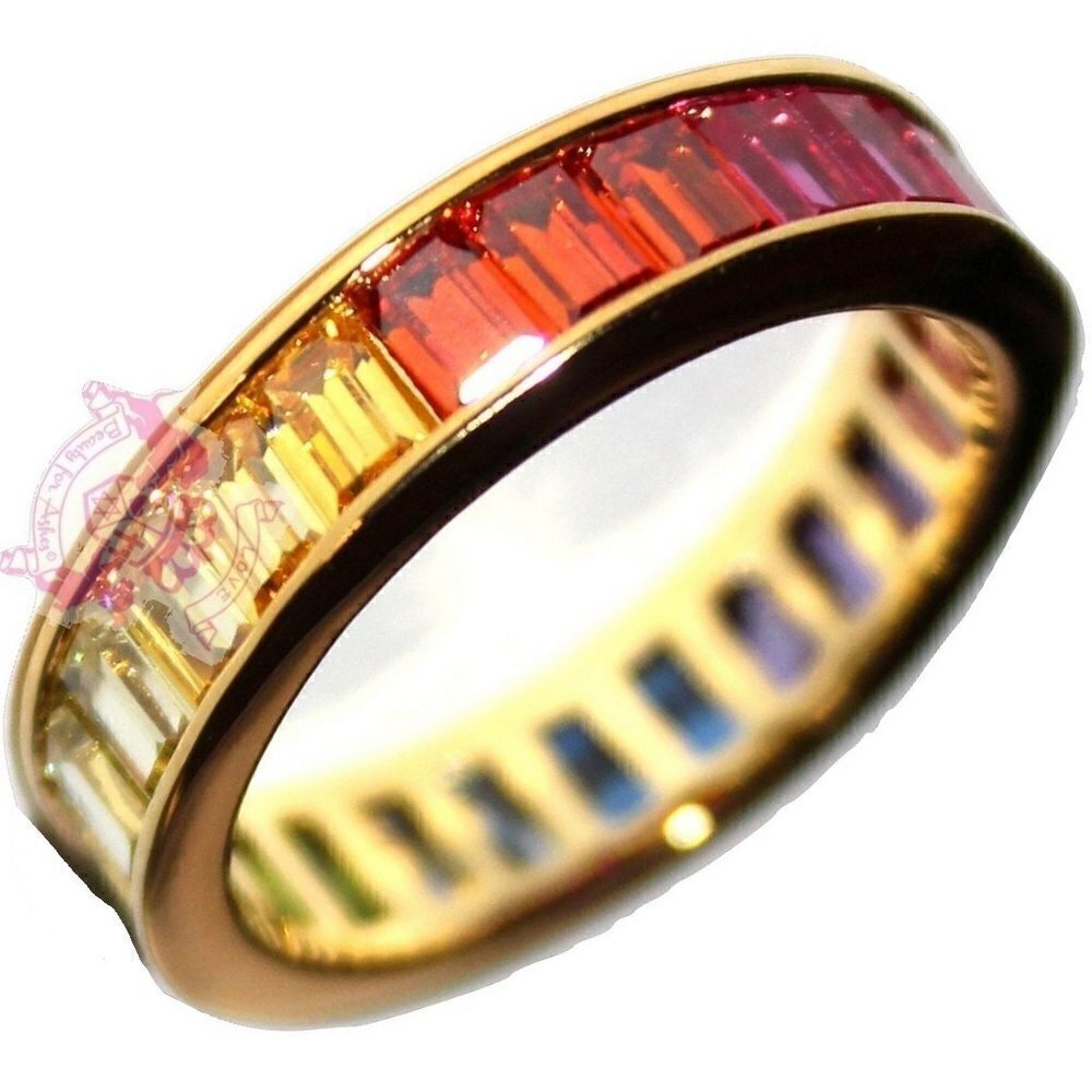 Stackable Eternity Ring Gold Plated Rainbow Cubic Zirconia Sterling Silver Band